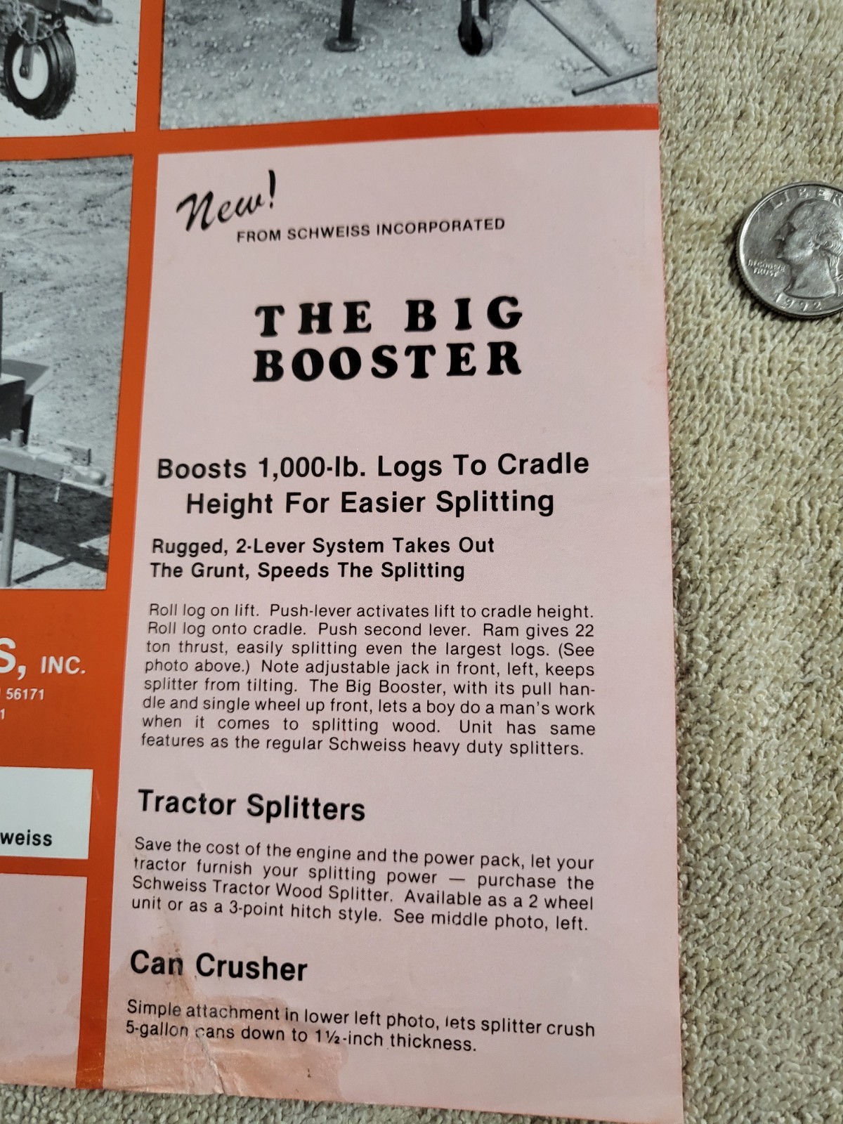 Vintage 1970s SCHWEISS SALES BROCHURE Wood Log Splitter Tractor Can Crusher