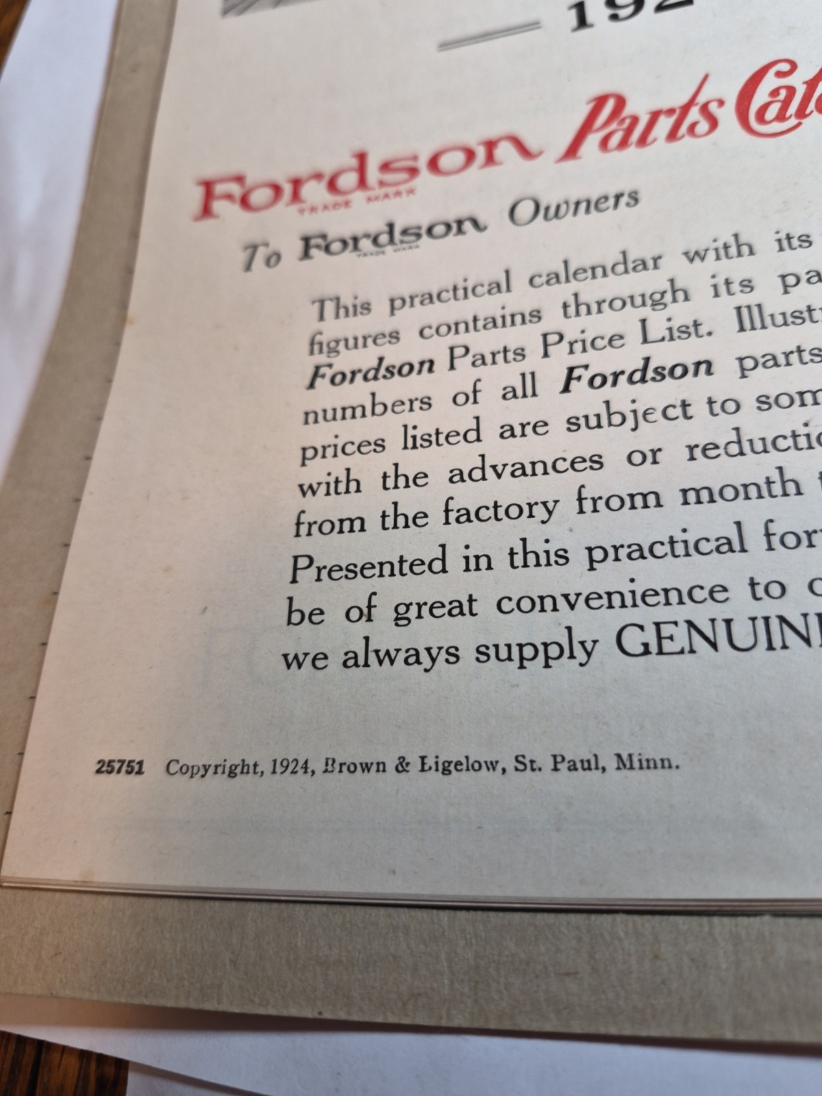 RALPH FULTON FORDSON TRACTOR CALENDAR AND PARTS LIST VINTAGE 100 Years Old! 1926
