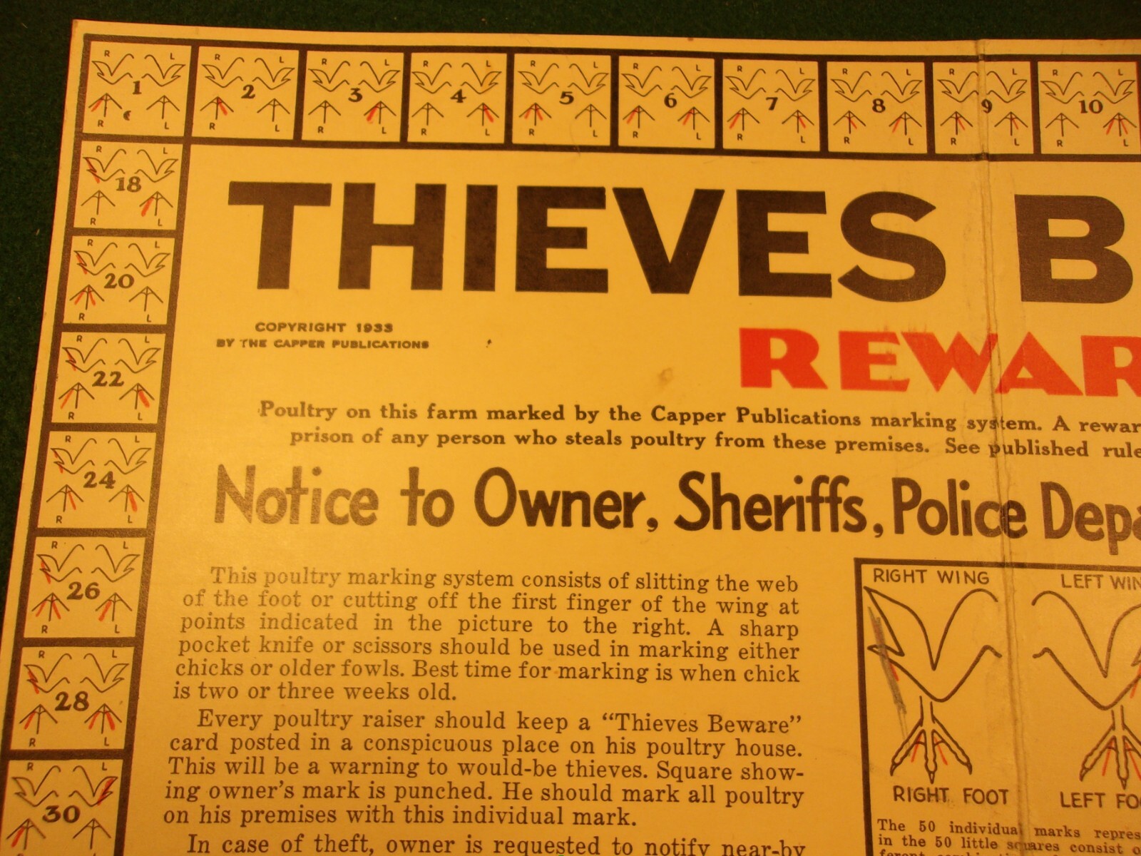 RARE OLD VTG ANTIQUE 1933 PLACARD: THIEVES BEWARE, REWARD (FOR POULTRY THEFT)