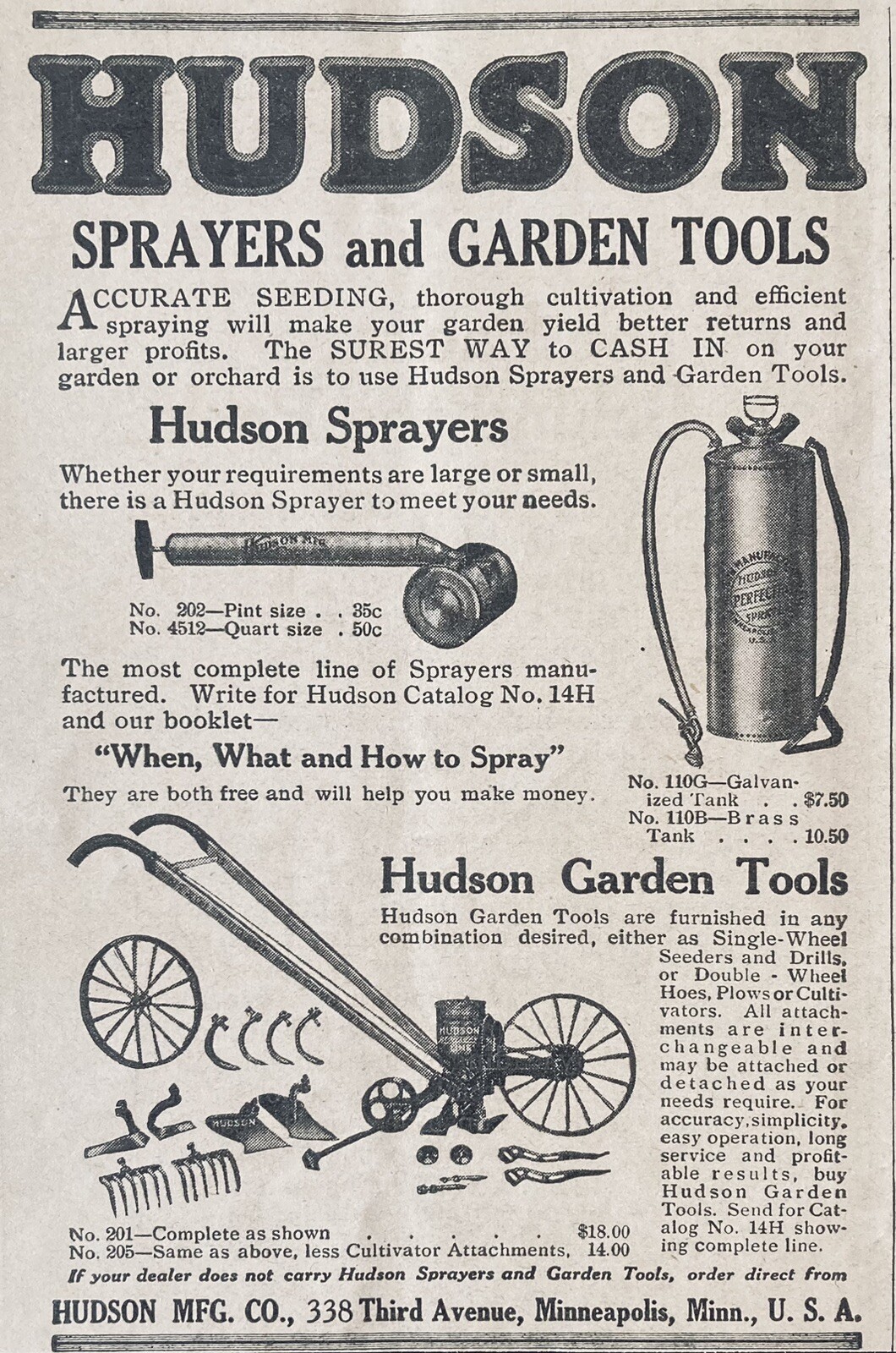 1919 AD.(XH67)~HUDSON MFG. CO. MINNEAPOLIS, MINN. SPRAYERS & GARDEN TOOLS