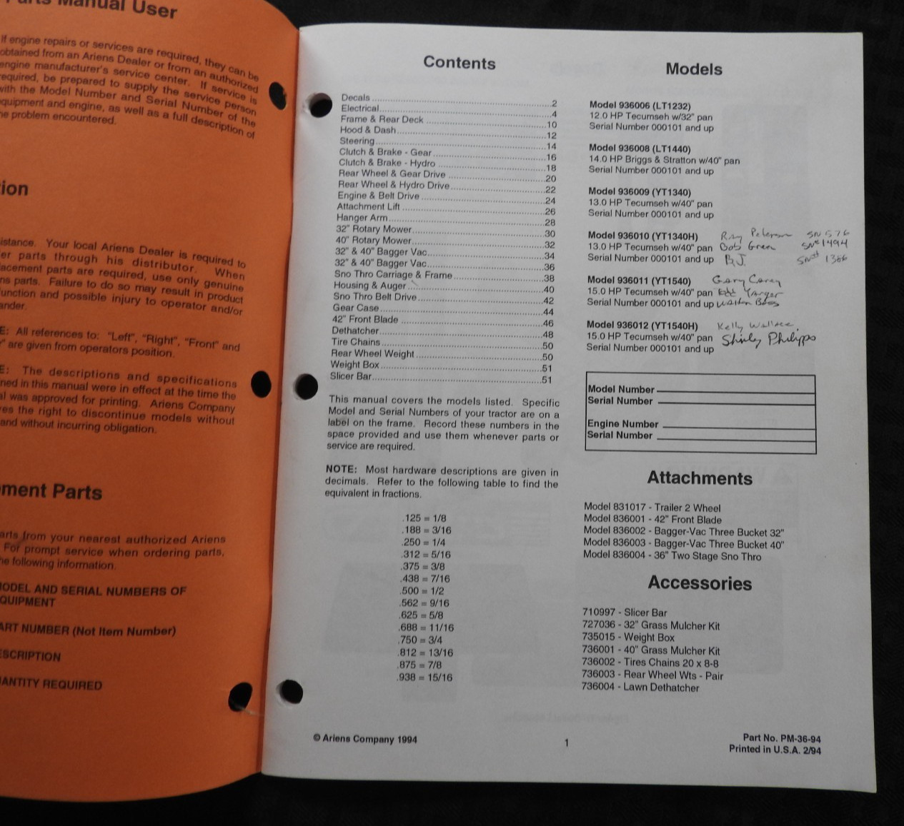 GENUINE ARIENS LT 1232 1440 YT 1340 1540 Lawn Tractor Parts Catalog Manual 1994