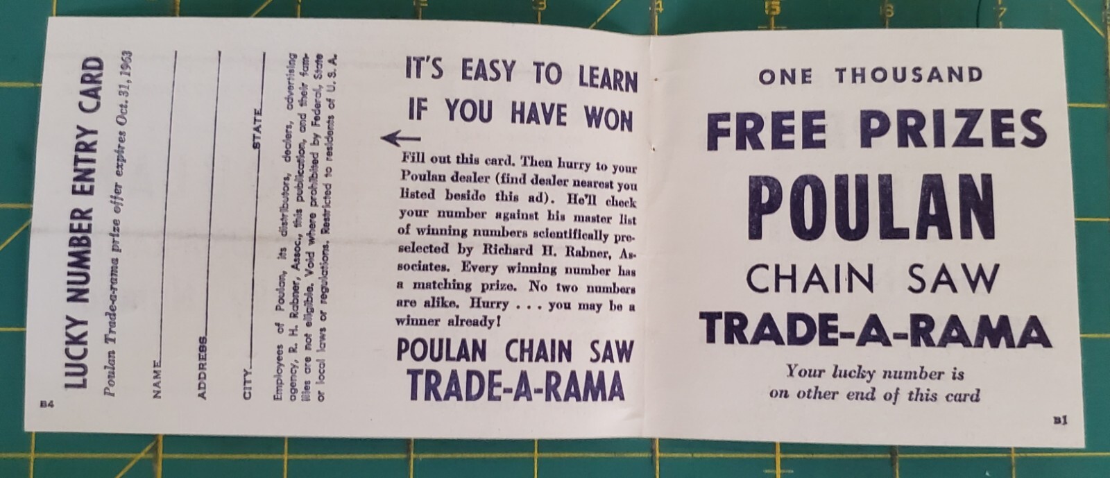 Vintage 1960 s Chainsaw Ad Sweepstakes Cards