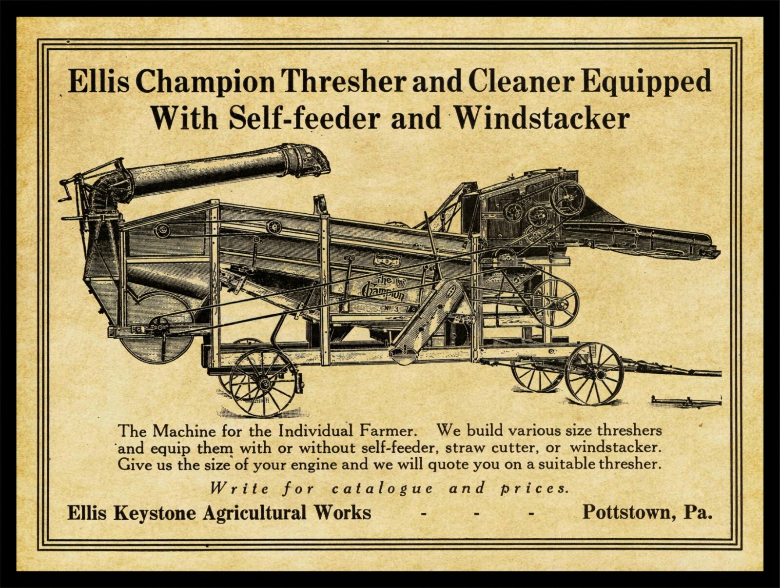 1917 Ellis Champion Thresher of Pottstown, PA NEW Metal Sign: 12×16 Large Size