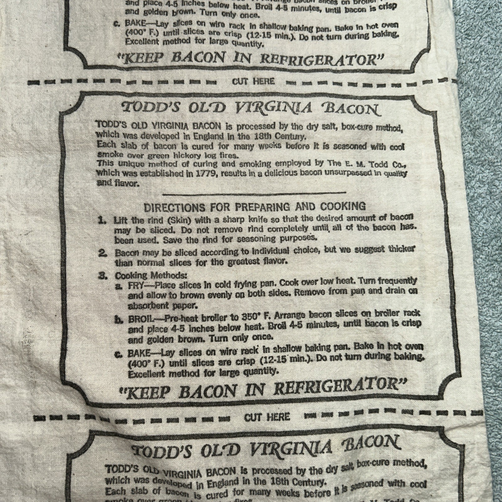 Vintage E.M. Todd CO. Inc Old Virginia Bacon Cover With Cooking Instructions