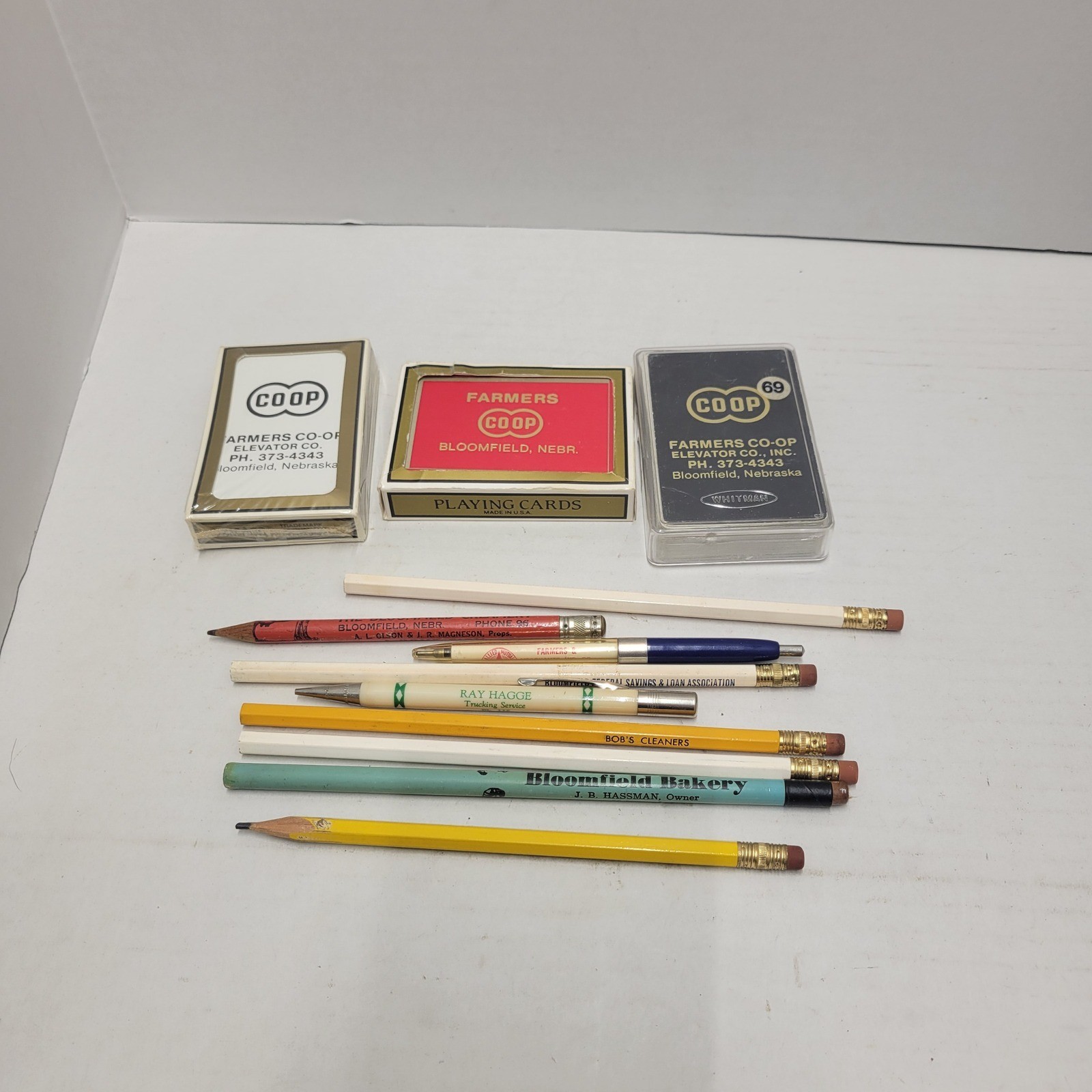 Vintage Bloomfield Nebraska Advertising Lot Farmers Co-op Playing Cards Pencils