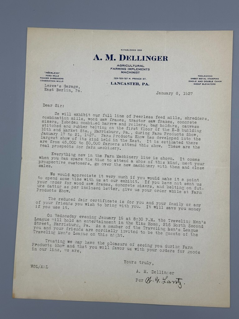 1927 LANCASTER PA Dellinger FARM IMPLEMENTS Agricultural Advertising Letters