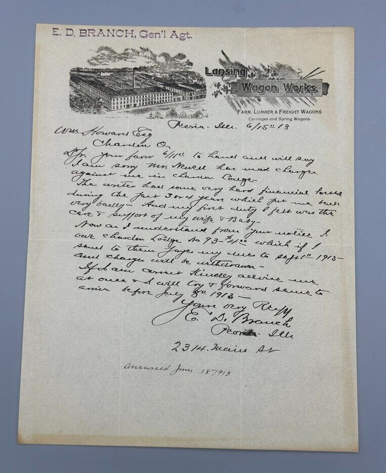 1913 LANSING WAGON WORKS Lumber Freight FARM Advertising Illustrated Letter