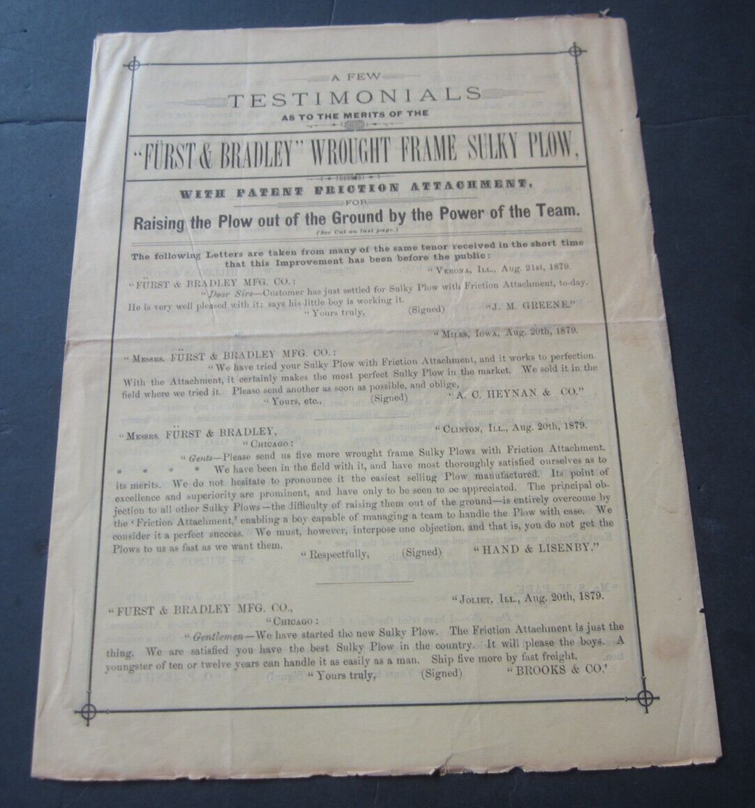 1879 FURST & BRADLEY Wrought Frame Sulky Plow Agricultural Advertising Brochure