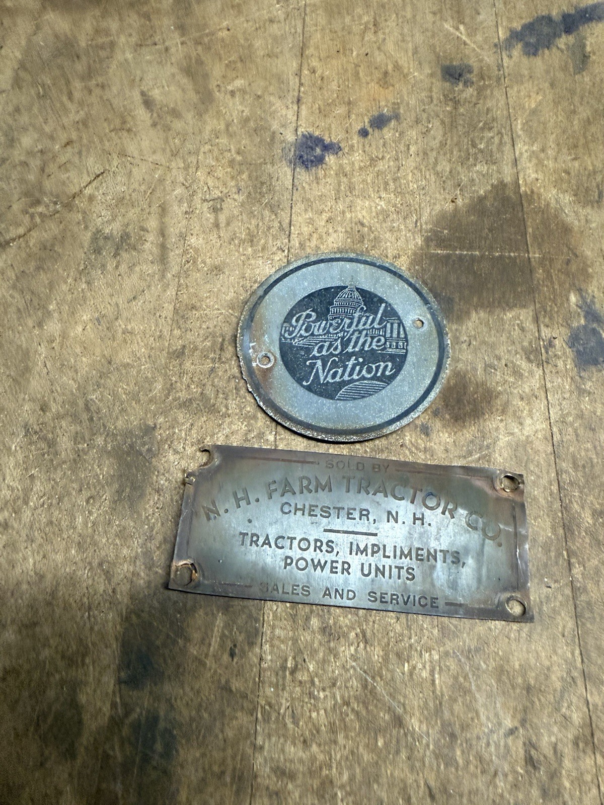 Powerful As The Nation Chester N.H. Farm Tractor Co Machine ID Tags Plates Signs