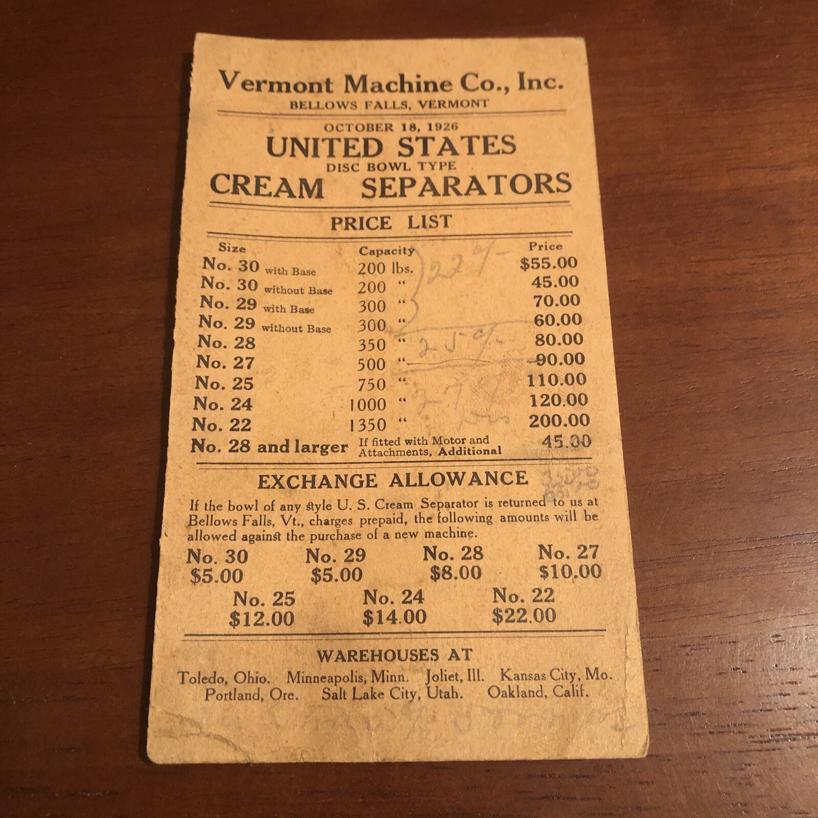1926 VERMONT MACHINE Co. Cream Separators Price List ~ Bellows Falls VT ~VINTAGE