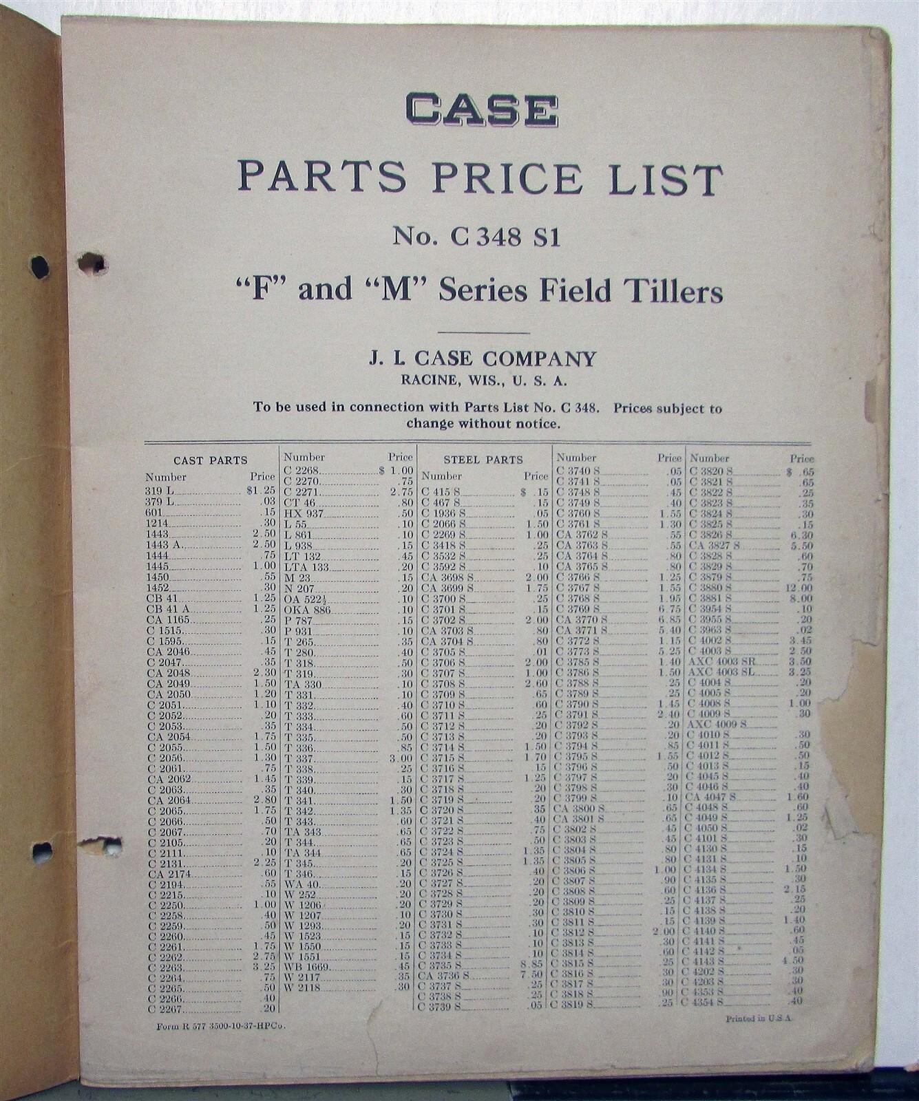 1938 Case F&M Series Field Tillers Specs Construction Repair Part List Catalog