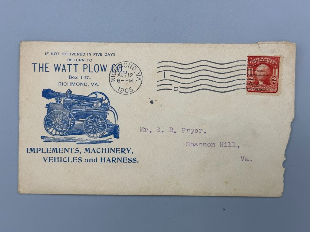 1905 WATT PLOW Postal Cover PEERLESS ENGINE Farm Advertising RICHMOND VA Envelop