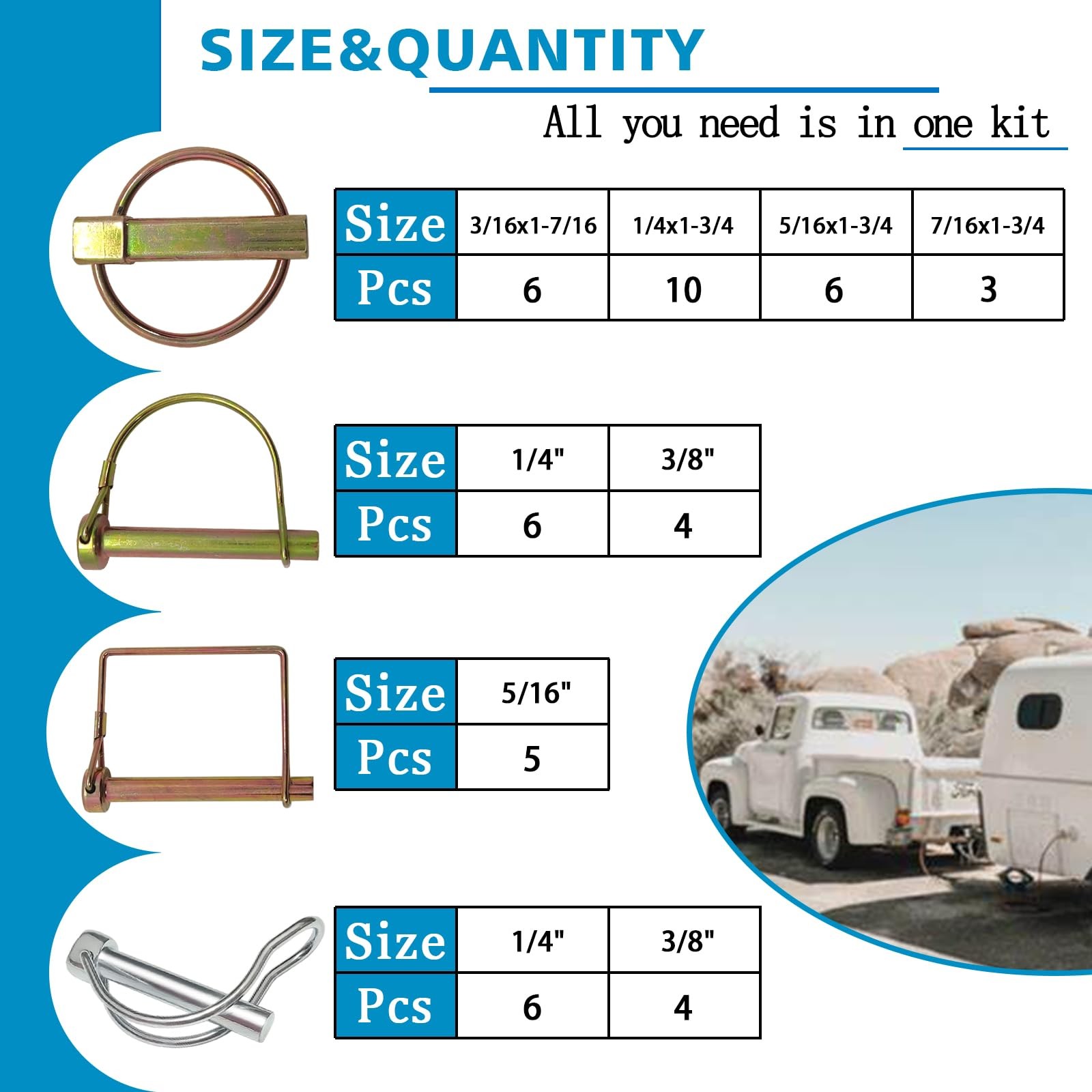 202PCS Hitch Pins Clip Pins Linch and PTO Pins for Trailers Tractors Trucks
