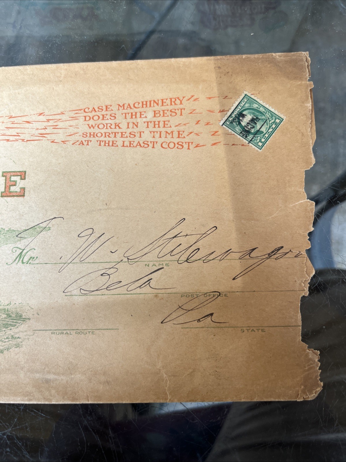 Antique 1914 Case Steam Tractor Engine Envelope, Bela Pa. Clarion Co., Eagle