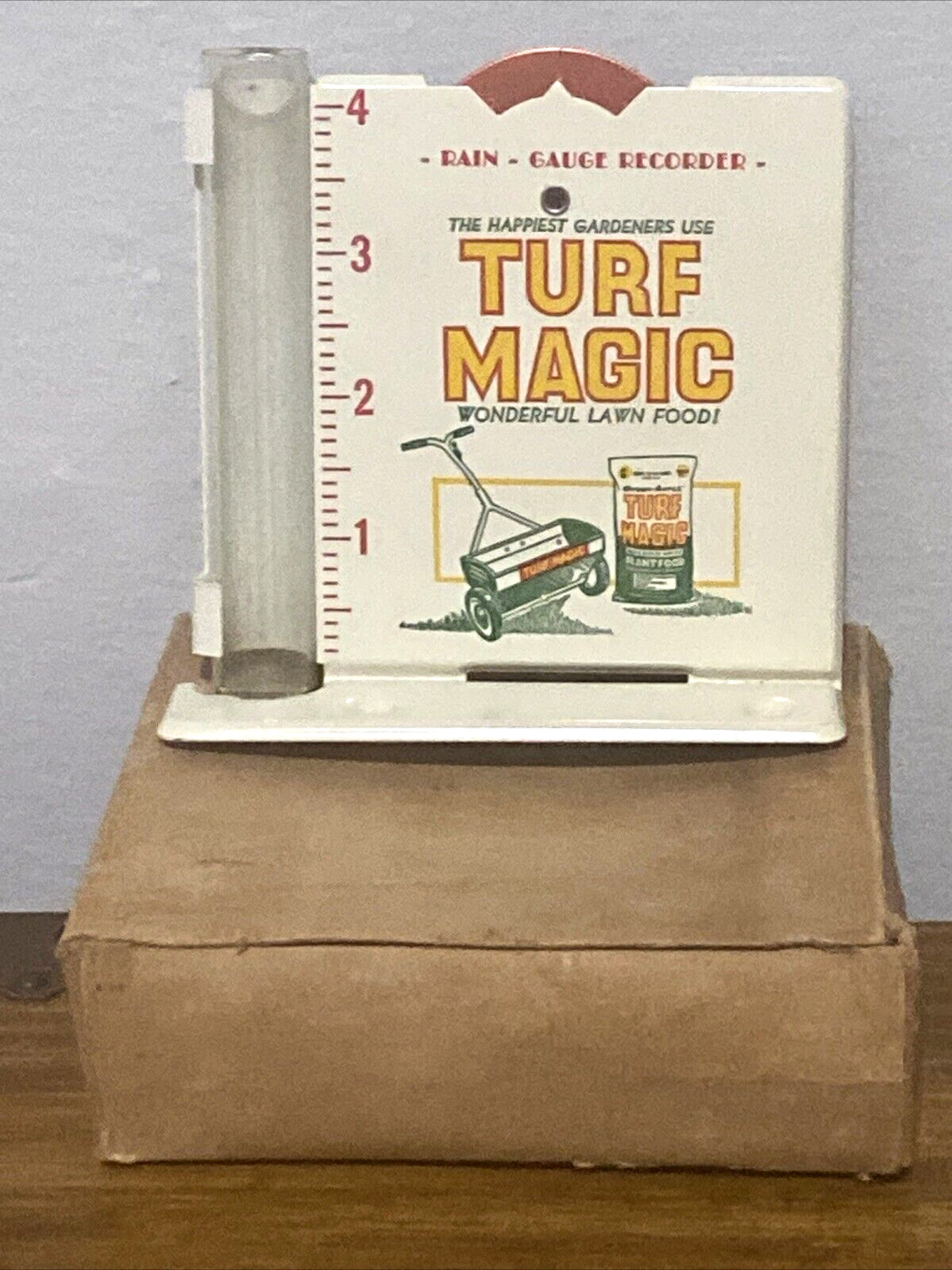 Vintage Turf Magic Lawn Plant Food Spreader Rain Gauge Recorder Metal & Glass