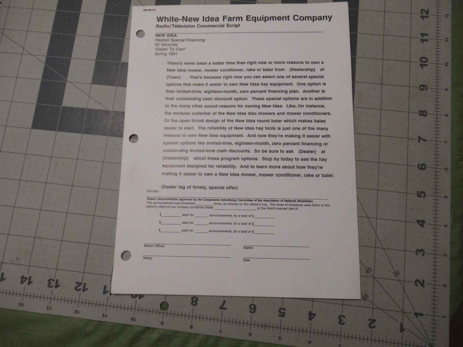 White New Idea Farm Equipment Radio/Television Script Spring 1991