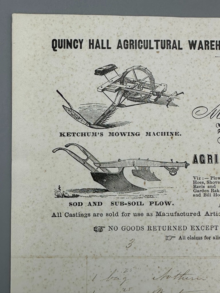 1857 QUINCY HALL AGRICULTURAL Warehouse FARM Machinery Advertise Billhead BOSTON