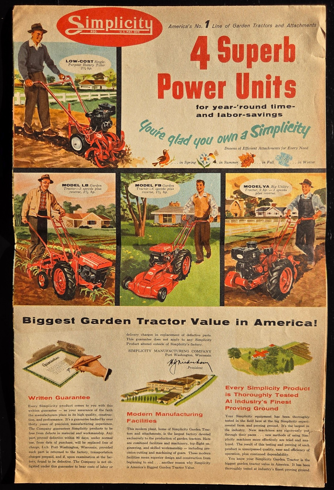 1950&rsquo;s SIMPLICITY TRACTOR&rsquo;s & ROTARY TILLER POSTER SIZE BROCHURE AWESOME!