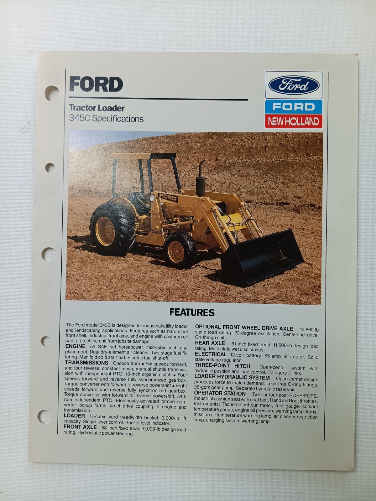 Ford Tractor 345C Loader Dealer Sales Trifold Brochure Specifications