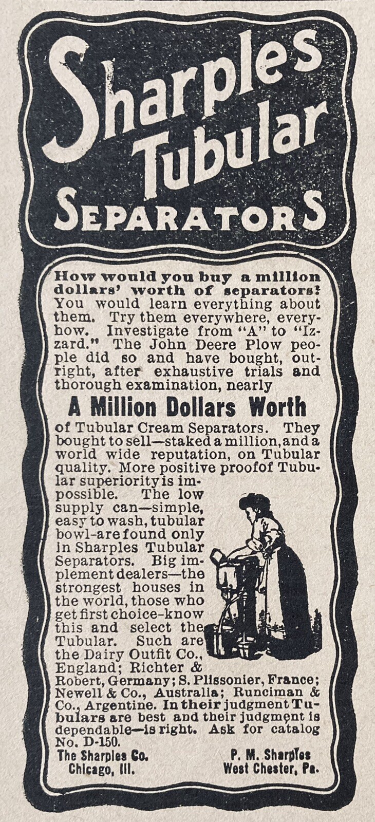 1905 AD.(XH28)~THE SHARPLES CO. CHICAGO. SHARPLES TUBULAR SEPARATORS