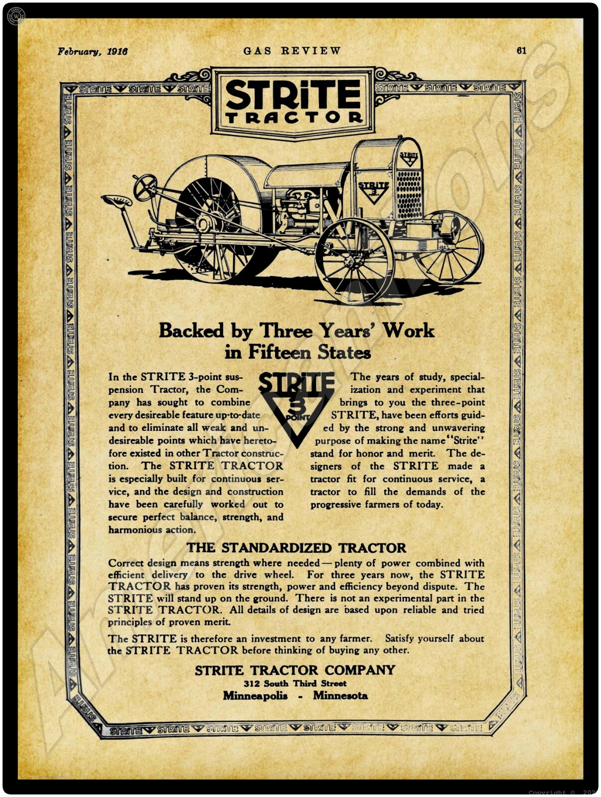 1916 Strite 3 Point Suspension Tractor New Metal Sign: Minneapolis, Minnesota