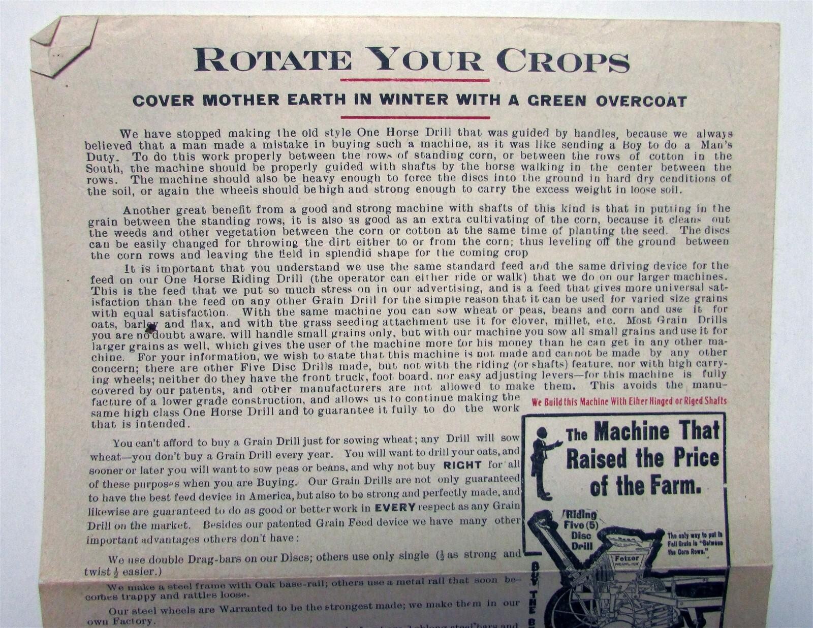 1911 Fetzer Grain Drill Specifications Construction Sale Brochure