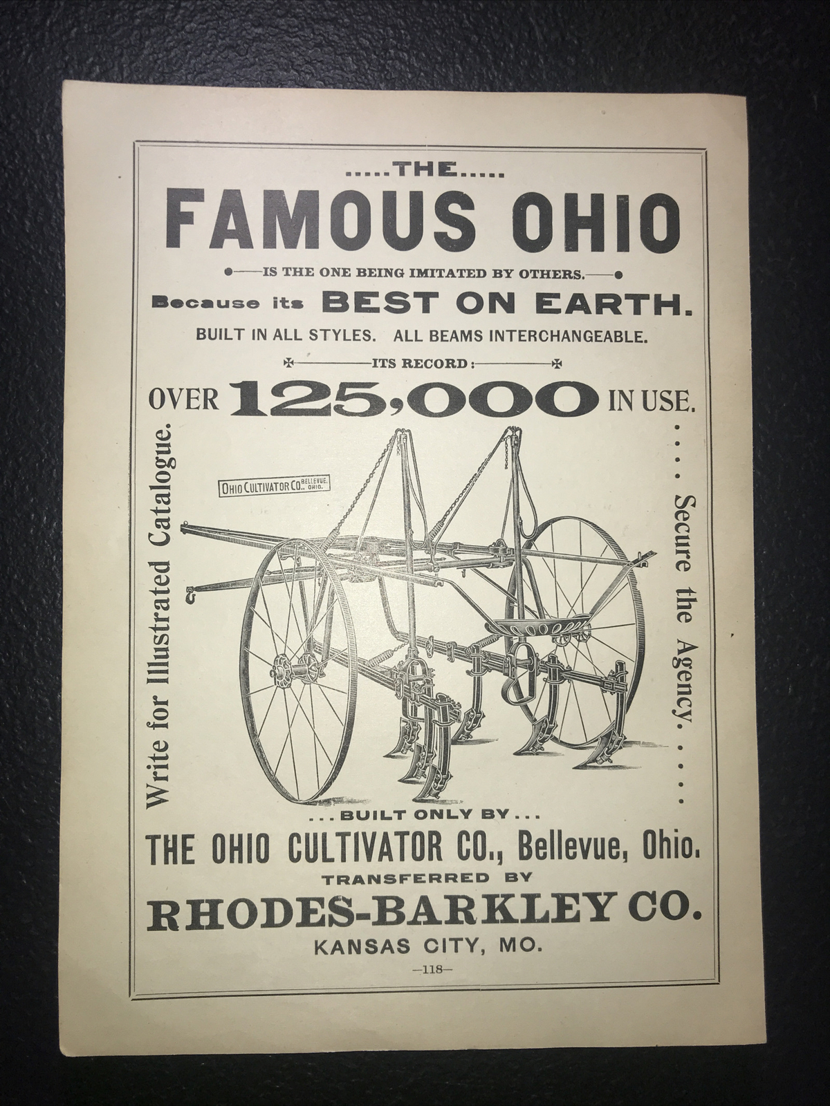 1898 Ohio Cultivator Farm Advertising – Bellevue – Ohio & Kansas City Missouri