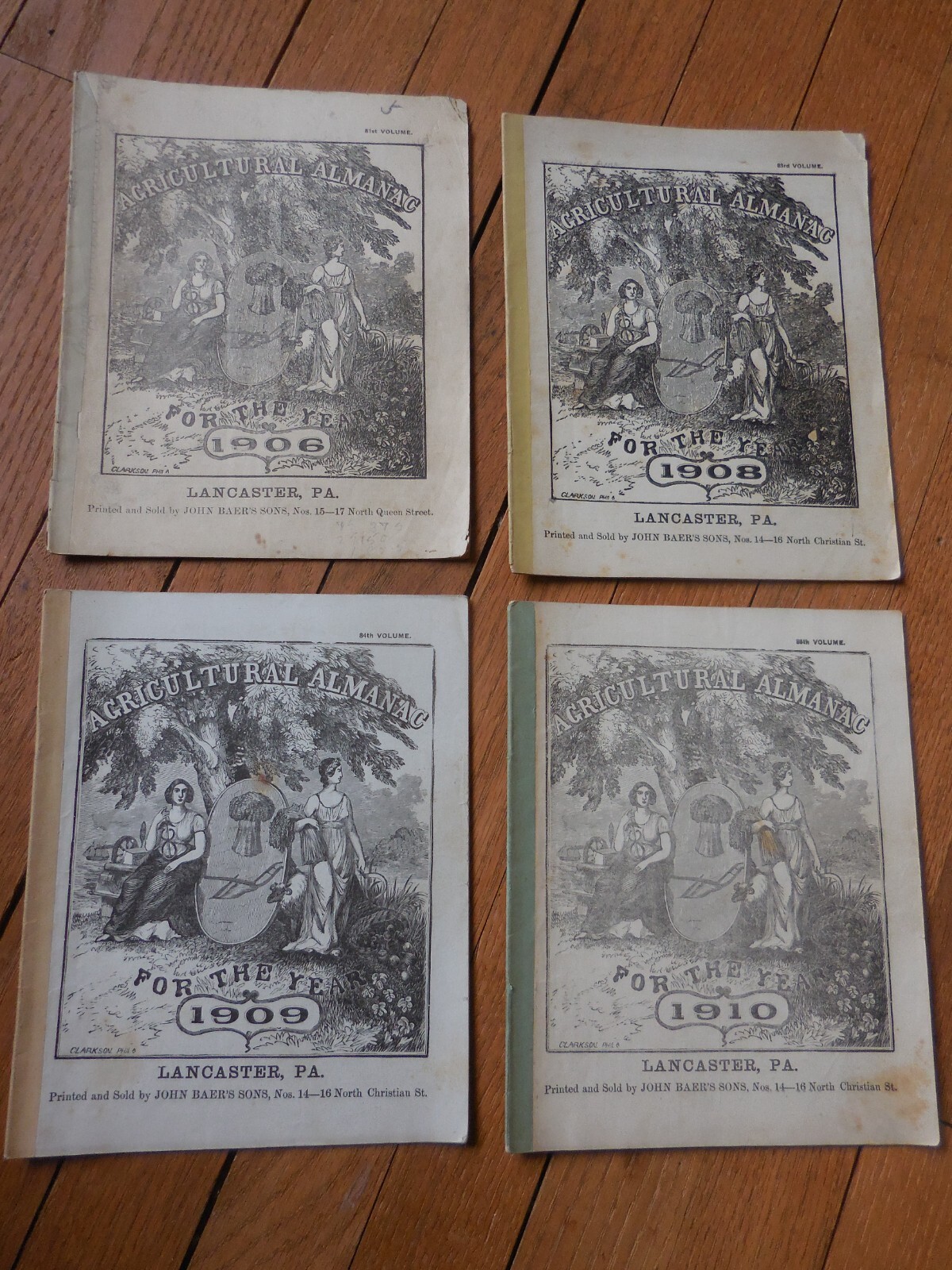 4 Vintage Agricultural Almanacs, Lancaster, PA 1906, 1908, 1909, 1910, J. Baer
