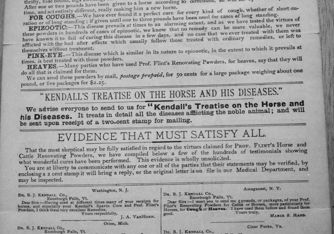 1893 Prof. Flint&rsquo;s Horse and Cattle Powders 2 Sided Ad Enosburg Falls, VT
