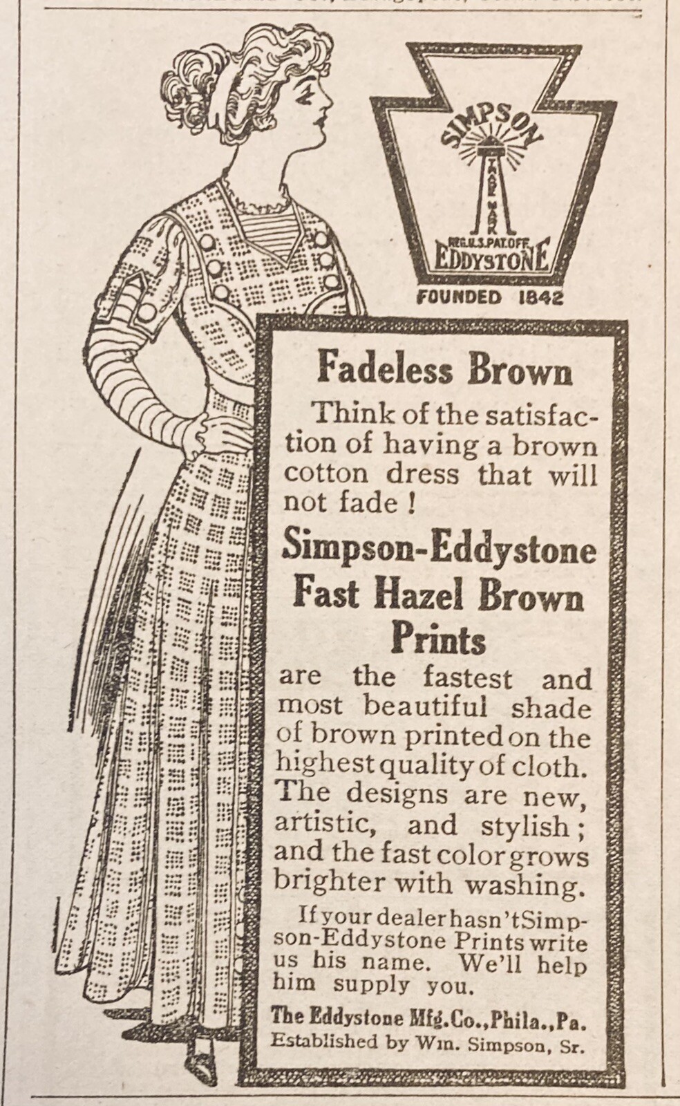 1909 AD.(XH10)~EDDYSTONE MFG. CO. PHIL., PA. FADELESS HAZEL BROWN PRINTS