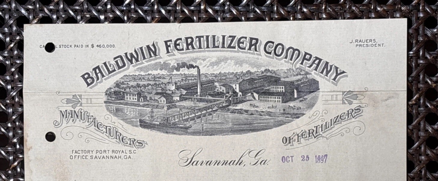 1897 Savannah GA Port Royal SC Fertilizer Billhead Train Ship Factory Art Litho