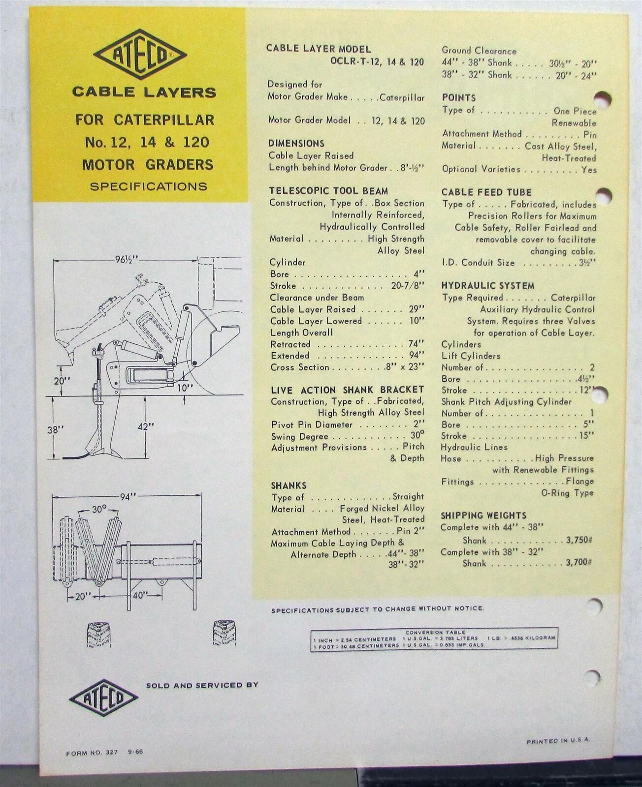 1967 ATECO Cable Layer OCLR-T 12 14 120 Road Grader Construction Sale Data Sheet