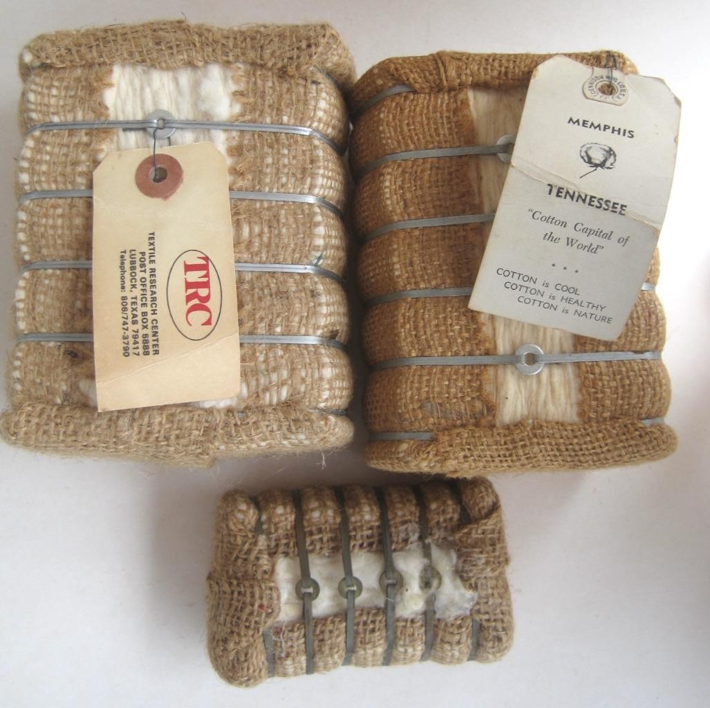 Cotton Bales Souvenir Set 3 Memphis TN Lubbock TX Burlap Metal Tags 5 x 3 x 3