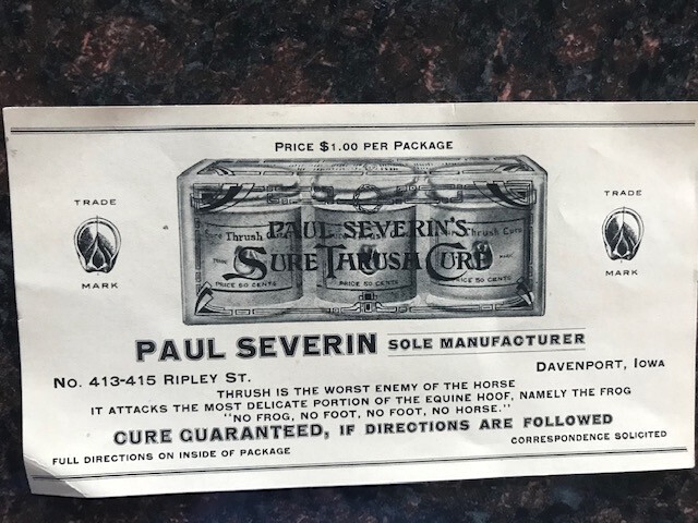 Vintage label « Paul Severin » Sure Thrush Cure, Davenport, Iowa 1920&rsquo;s era