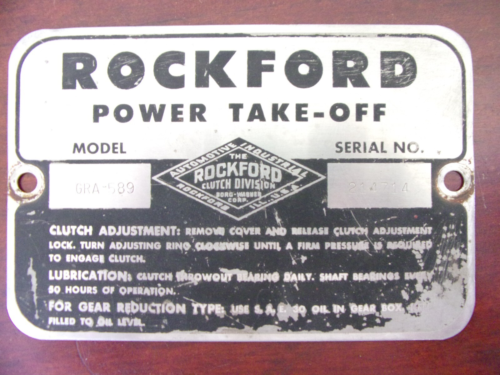 Vintage Rockford Power Take-Off Metal Tag/Plate Model GRA-589