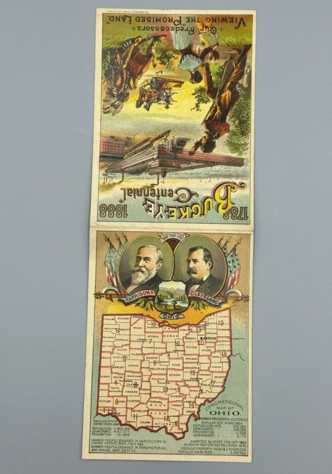 1888 BUCKEYE MOWER Farm Advertising Fold Trade Card PRESIDENT HARRISON CLEVELAND