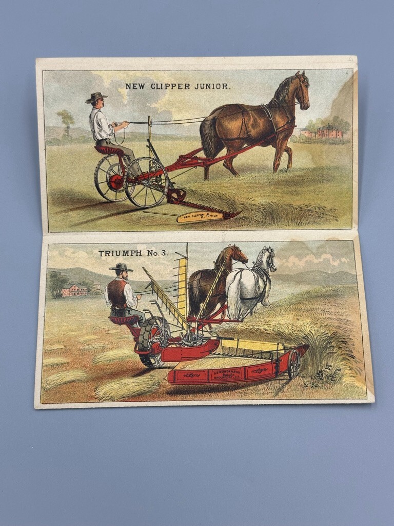 1880s TRIUMPH Seymour Reaper Farm Advertising Folding Trade Card BROCKPORT NY