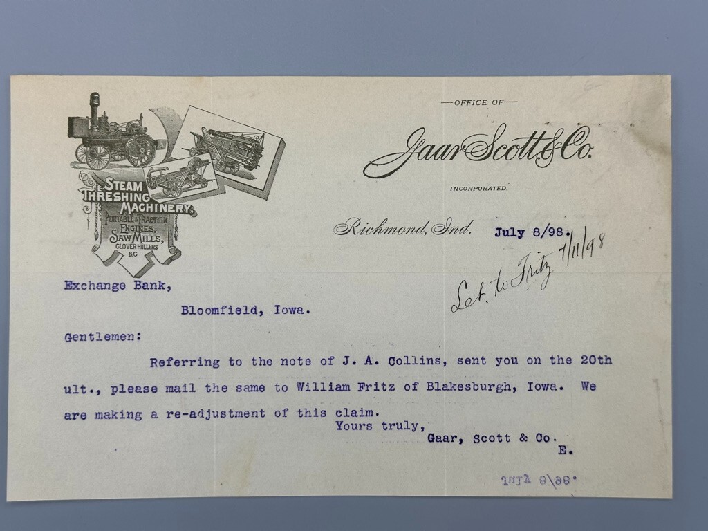 1898 GAAR SCOTT THRESHING MACHINERY Farm Advertising Letter RICHMOND INDIANA