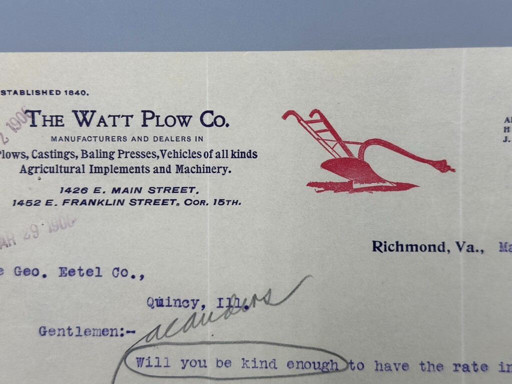 1906 WATT PLOW CO Farm Advertising Illustrated Letterhead RICHMOND VA