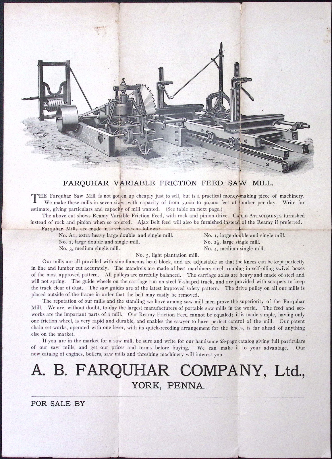 c1900 Farquhar Variable Friction Feed Saw Mill Print Ad A.B. Farquhar YORK PENNA
