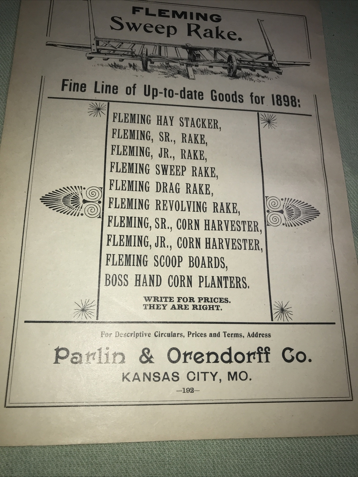 1898 Fleming Sweep Rake Farm Advertising – Kansas City – Missouri