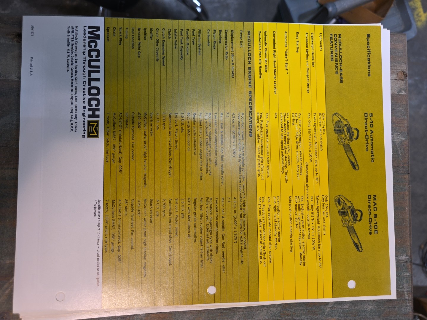 Mcculloch Super Lightweight Direct Drives Mac 1-10 10-10 2-10 3-10E 2-10G Mac 15