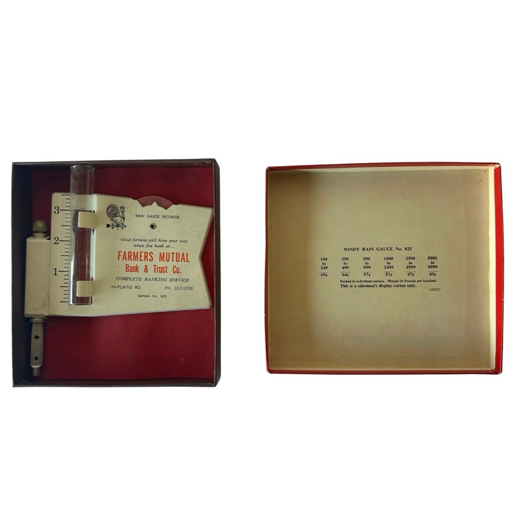 Vintage Morco Windy 825 Rain Gauge Recorder Farmers Mutual Bank Trust w Box