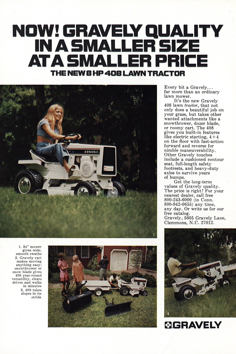 1971 Gravely 408 Lawn Tractor: Smaller Size Vintage Print Ad