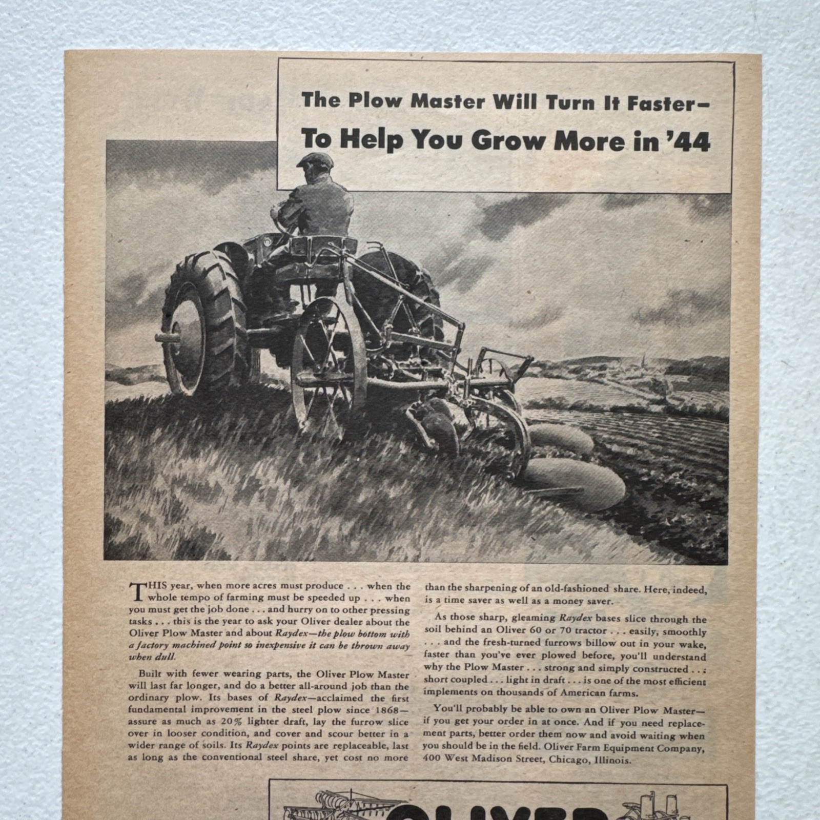 Oliver Farm Equip Corporation Plow Master Grow More In ‘44 Advertisement