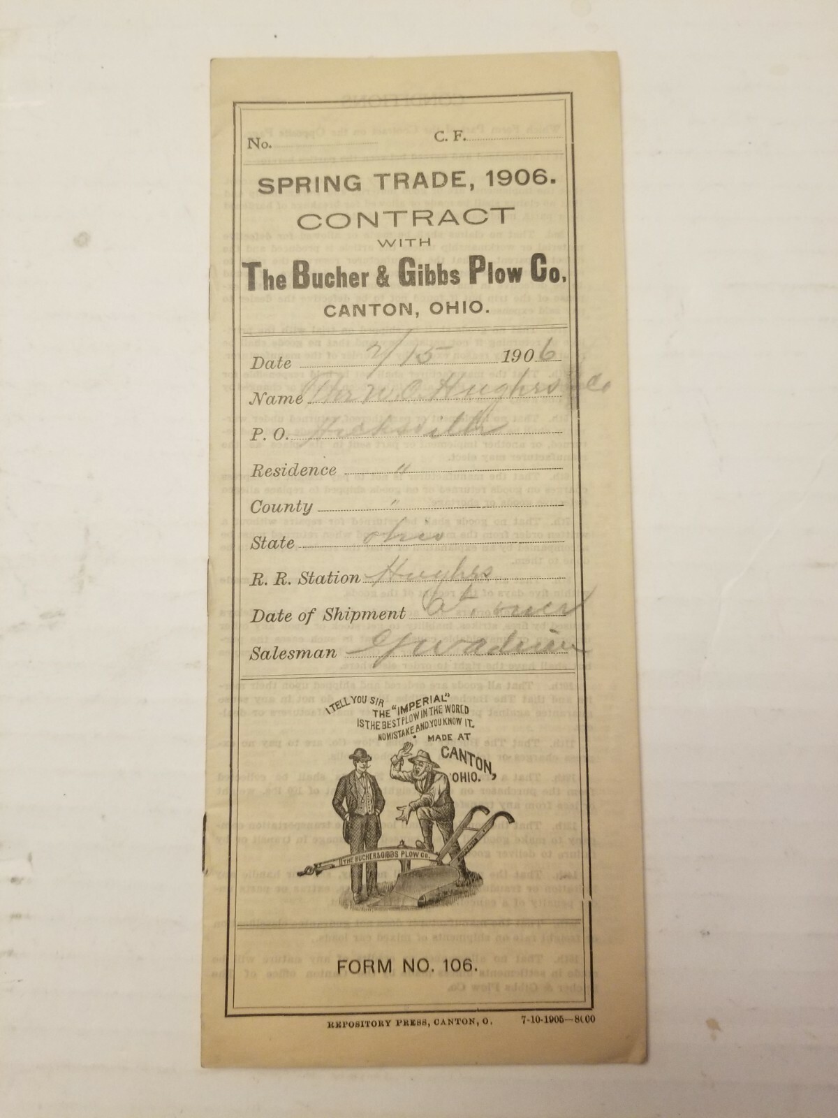 AGRICULTURE CONTRACT. 1906. THE BUCHER & GIBBS PLOW CO.