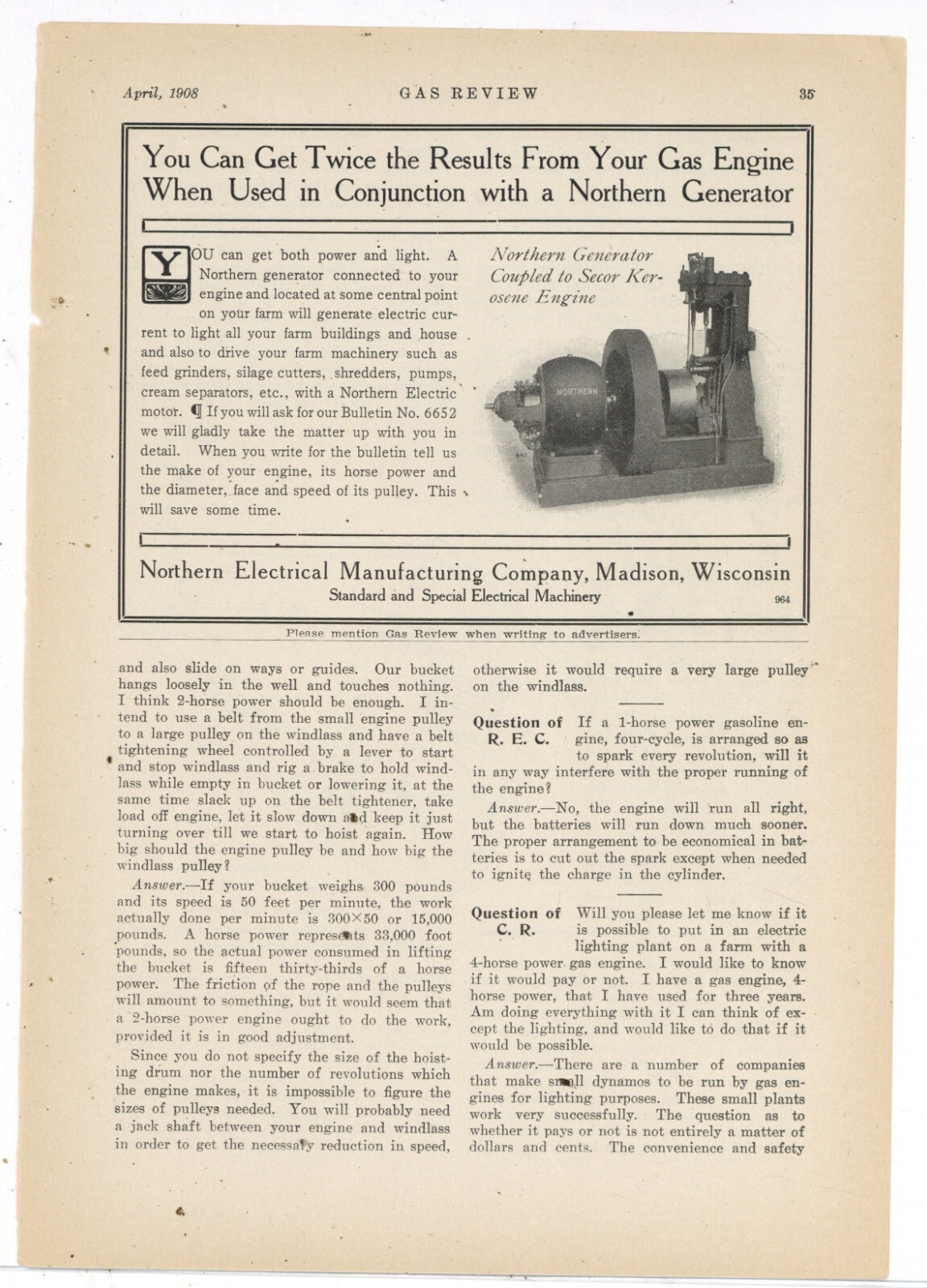 1908 Northern Electrical Mfg. Co. Ad: Generator Shown w/ Secor Kerosene Engine
