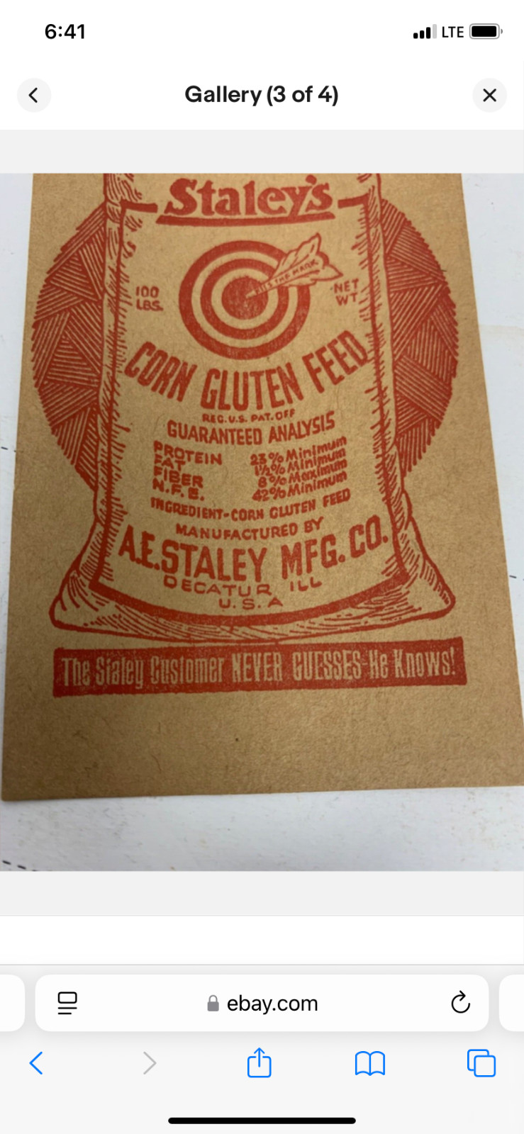 1920&rsquo;s Staley&rsquo;s Corn Gluten Feed 5&Prime;x2.5&Prime; tag