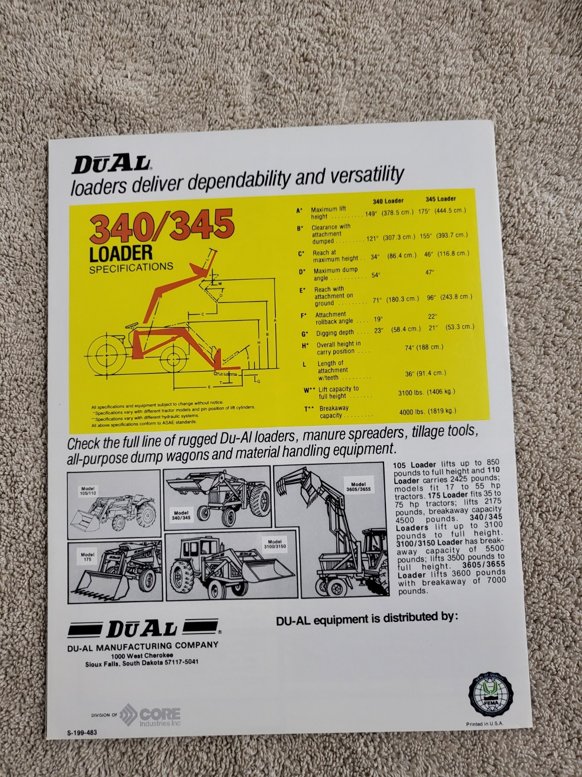 DUAL 340 / 345 Tractor Front LOADER BROCHURE John Deere MF Sioux Falls, SD.
