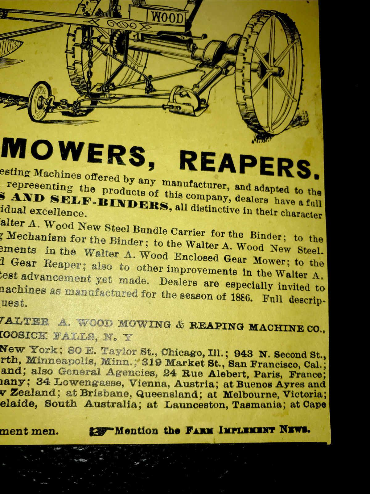 1886 Wood Machine Implements Farm Advertising – Hoosick Falls – New York